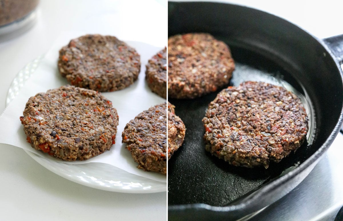 veggie burgers on a cast iron skillet