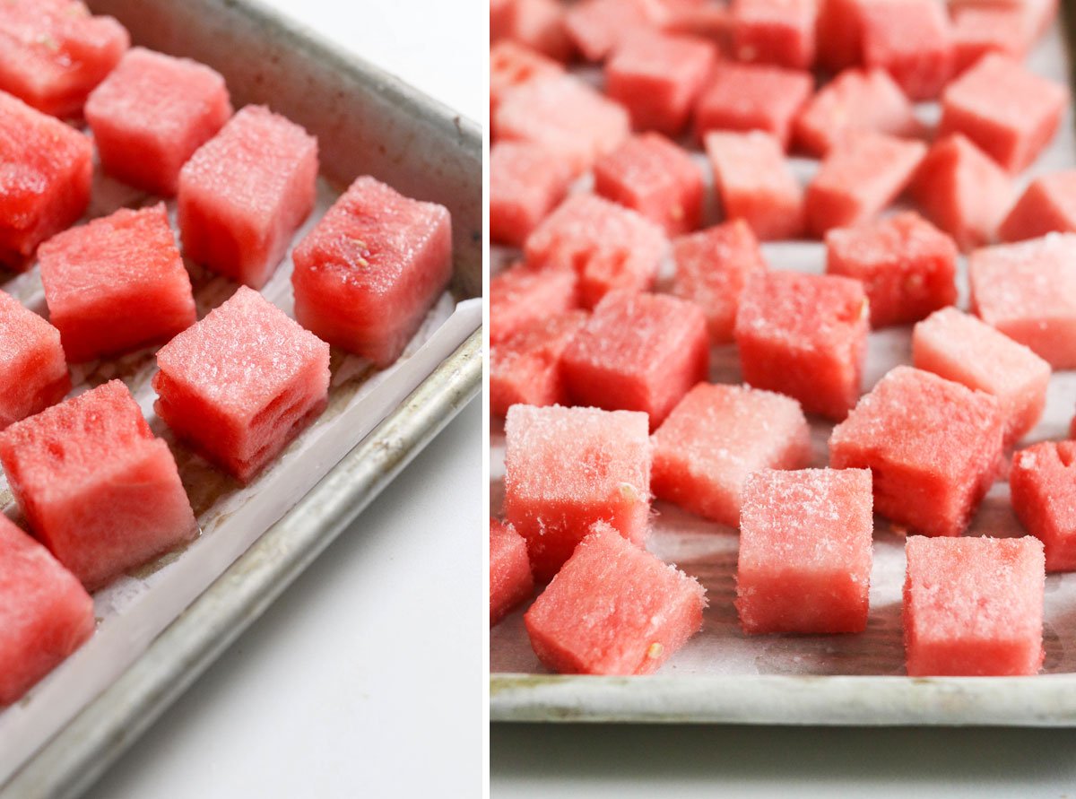 fresh and frozen watermelon on pan