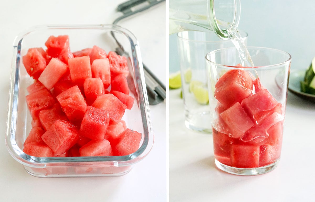 frozen watermelon in glass container and in drinking glass