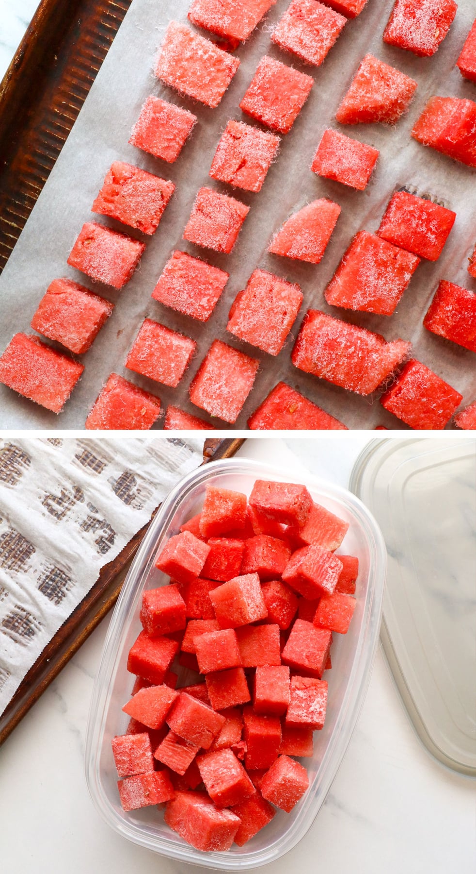 frozen watermelon on pan and transferred to storage container.