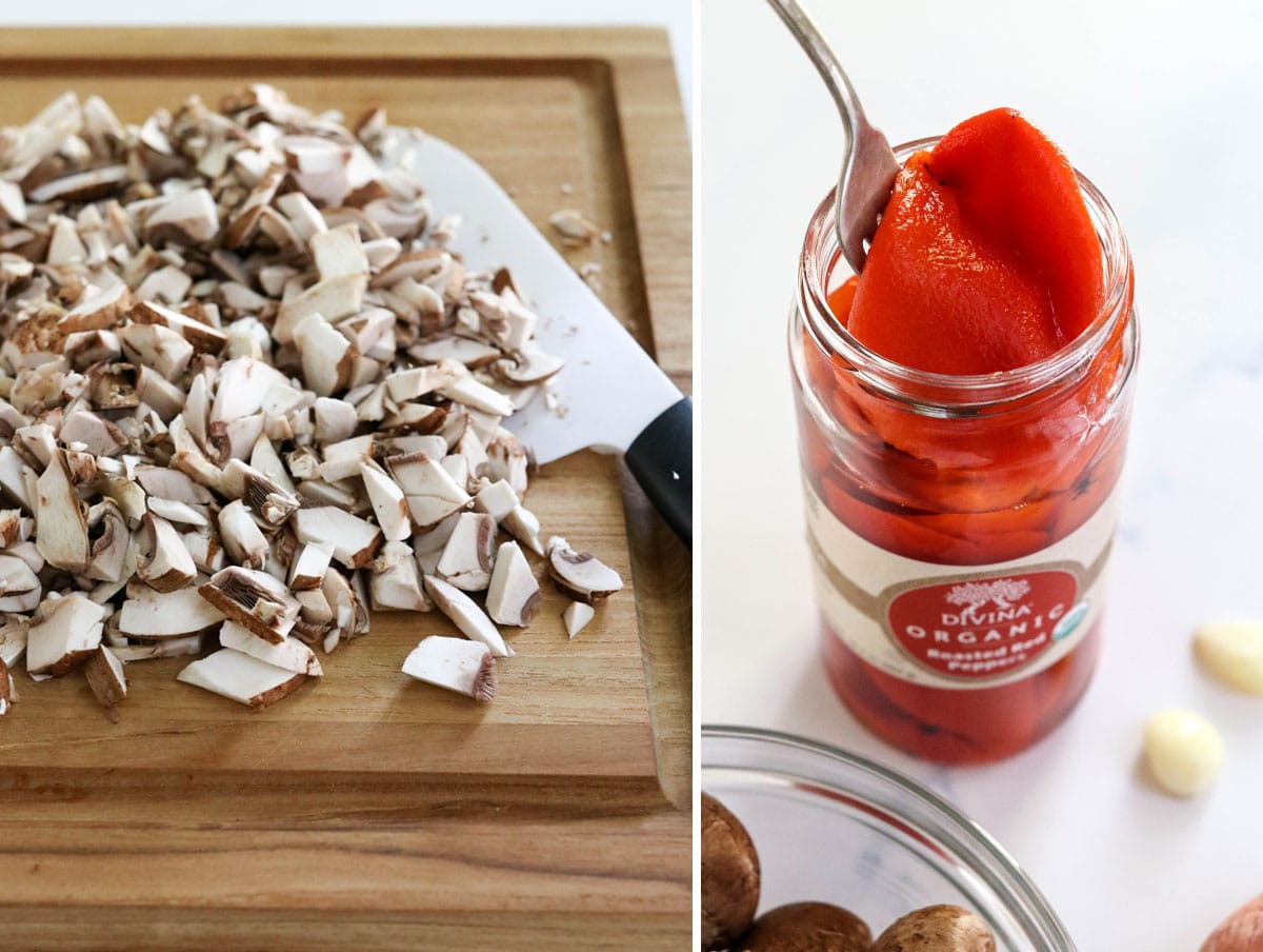 chopped mushrooms and roasted red peppers