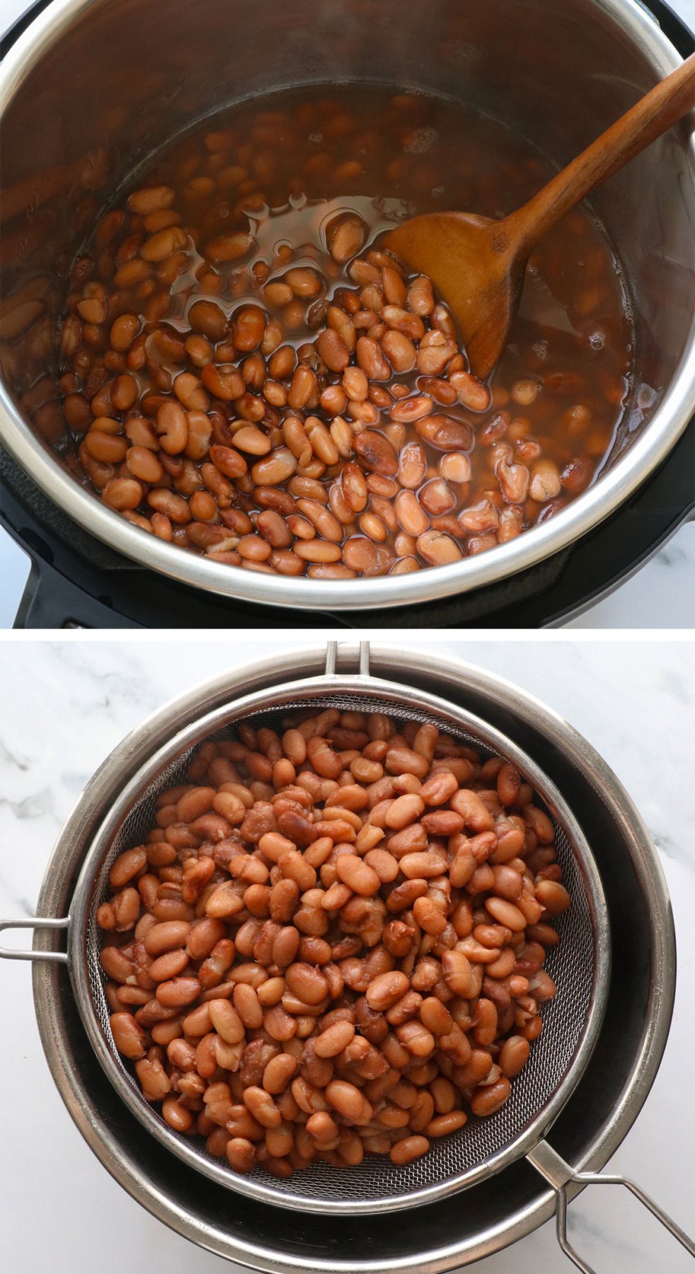 Pinto beans in the Instant Pot after cooking and drained in a mesh strainer.