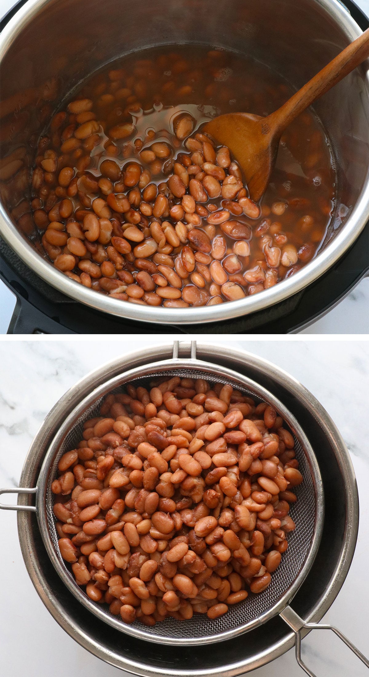 Pinto beans in the Instant Pot after cooking and drained in a mesh strainer.