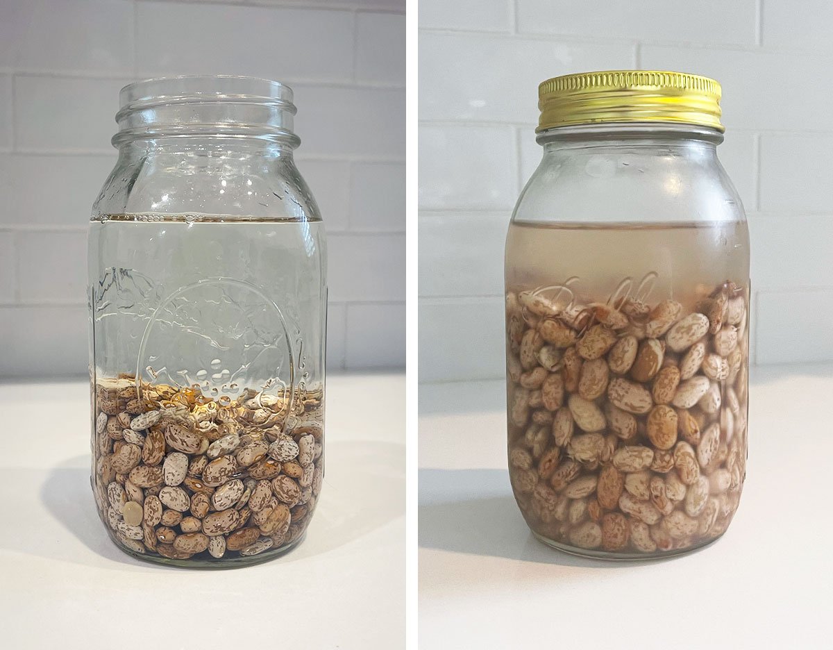 pinto beans before and after soaking in a jar of water.