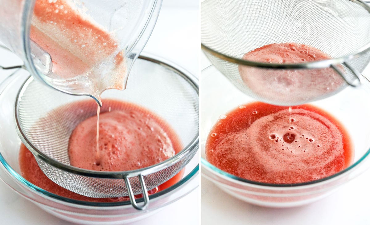 watermelon juice strained into bowl