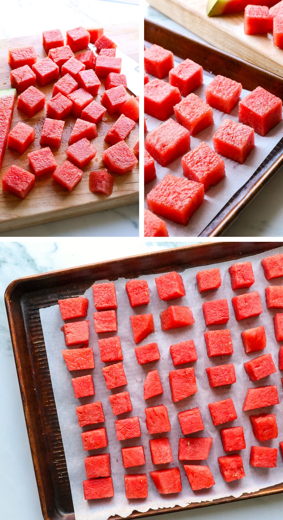 fresh watermelon sliced into cubes and placed on a lined pan.