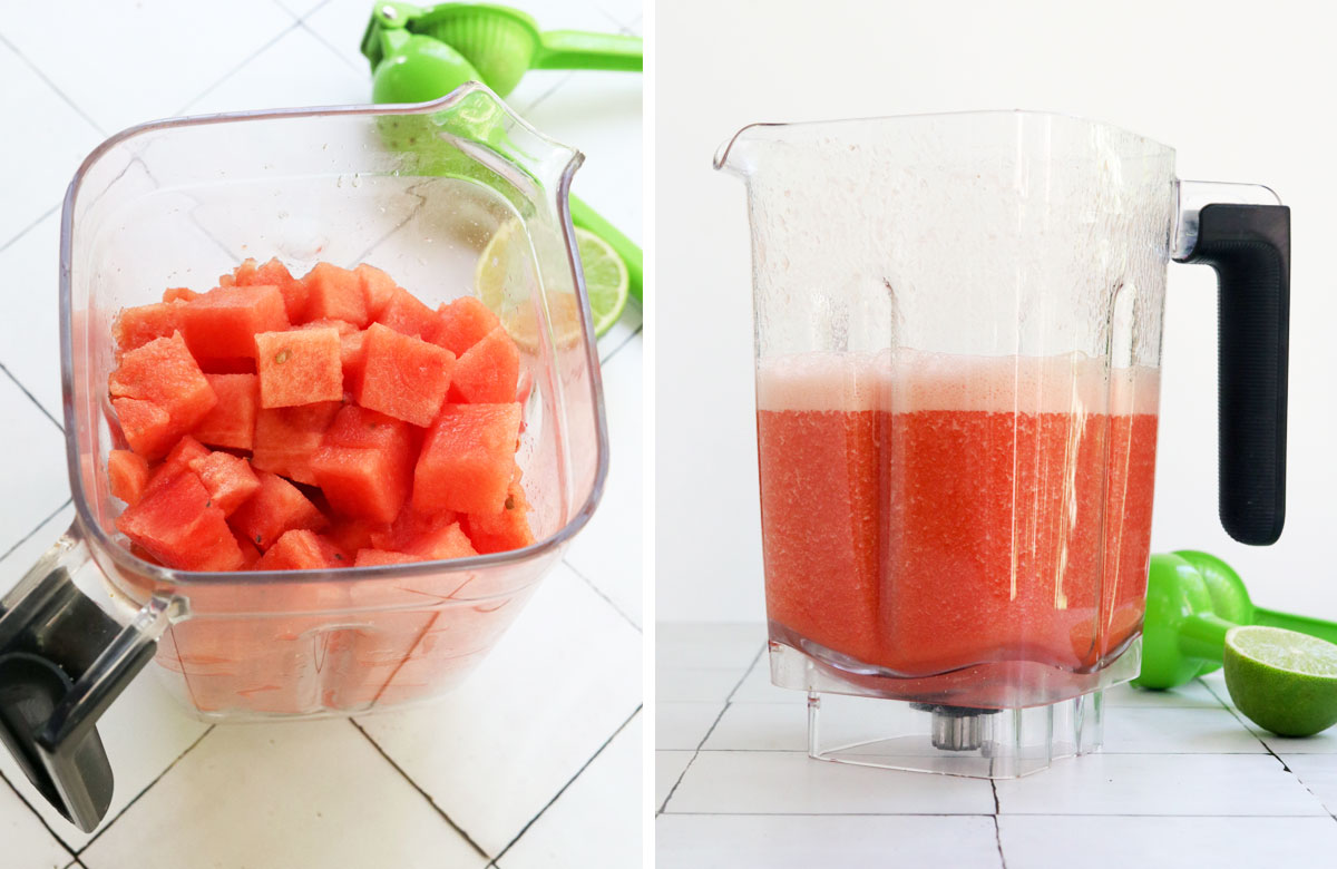 watermelon chunks in blender blended into juice.