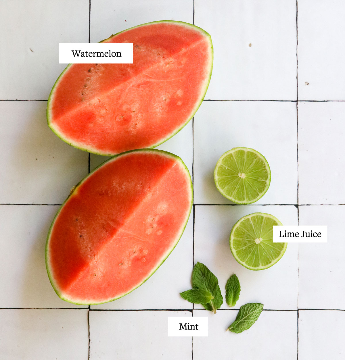 watermelon juice ingredients labeled on white tiles.