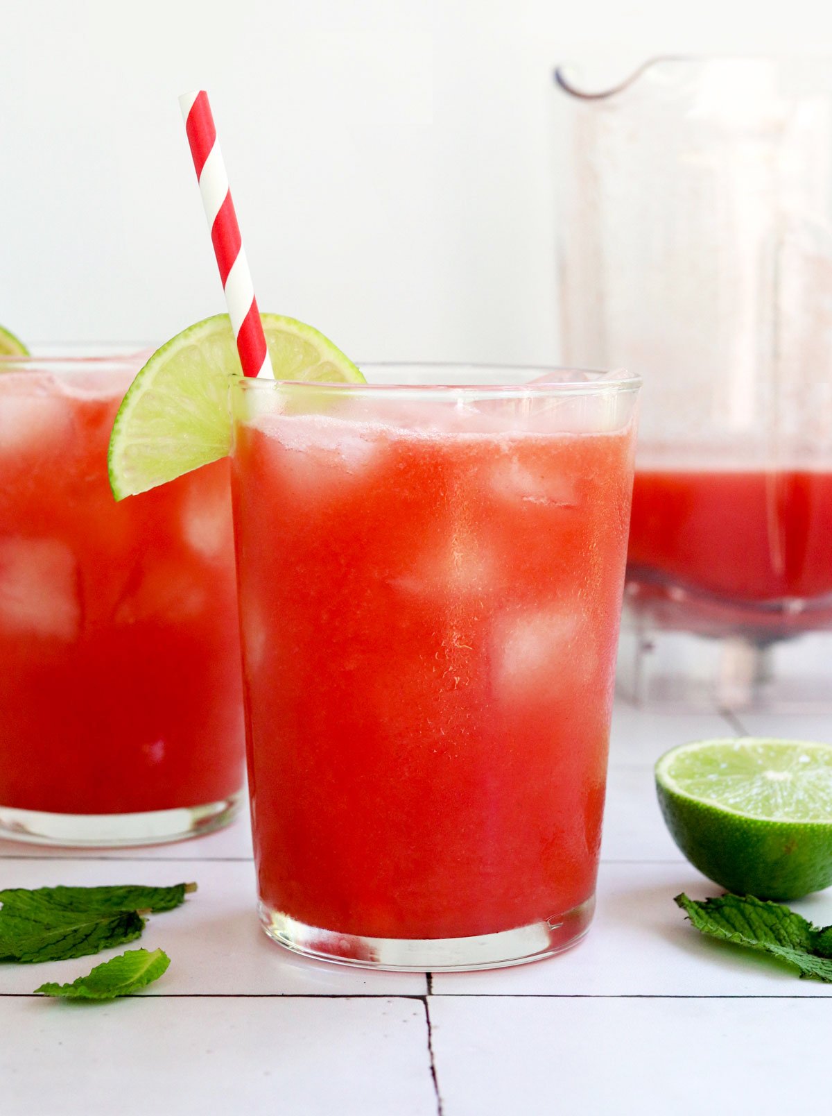 watermelon juice in two glasses.
