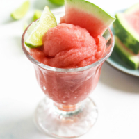 watermelon sorbet in glass dish