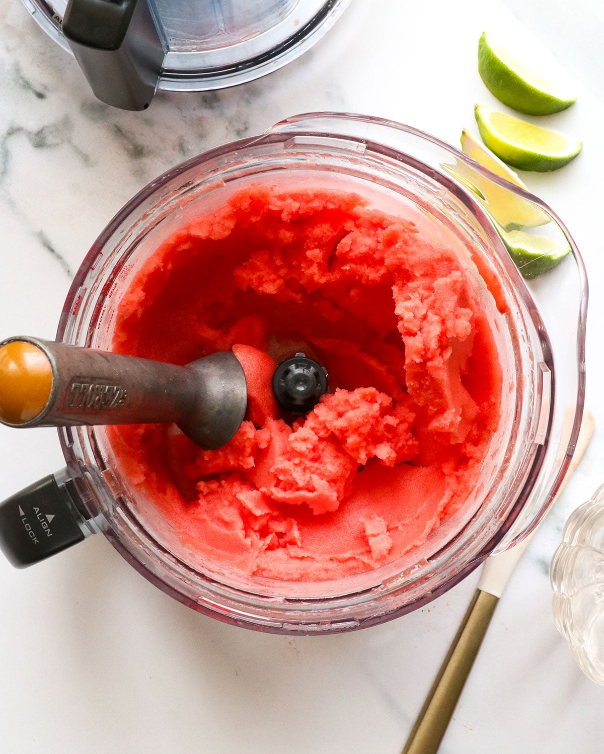 watermelon sorbet processed in a food processor.