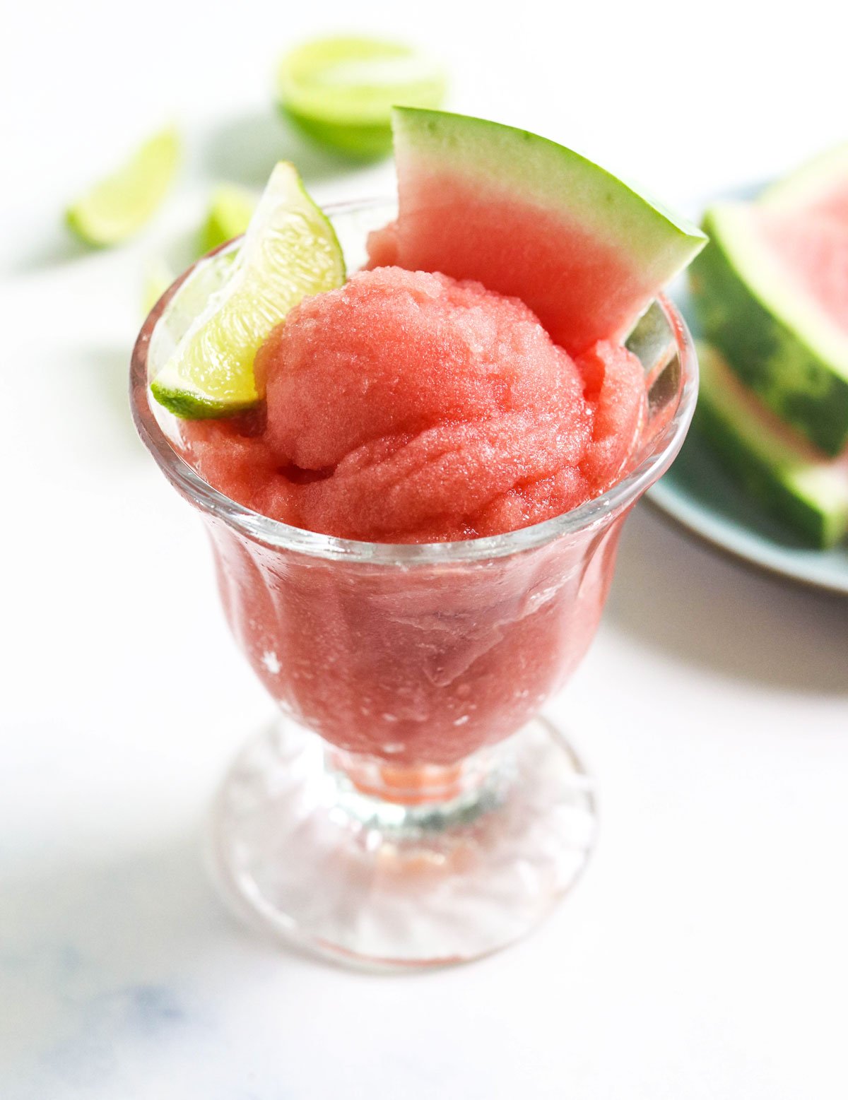 watermelon sorbet in glass dish