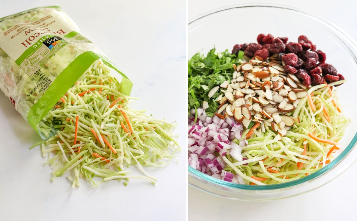 bagged broccoli slaw added to bowl