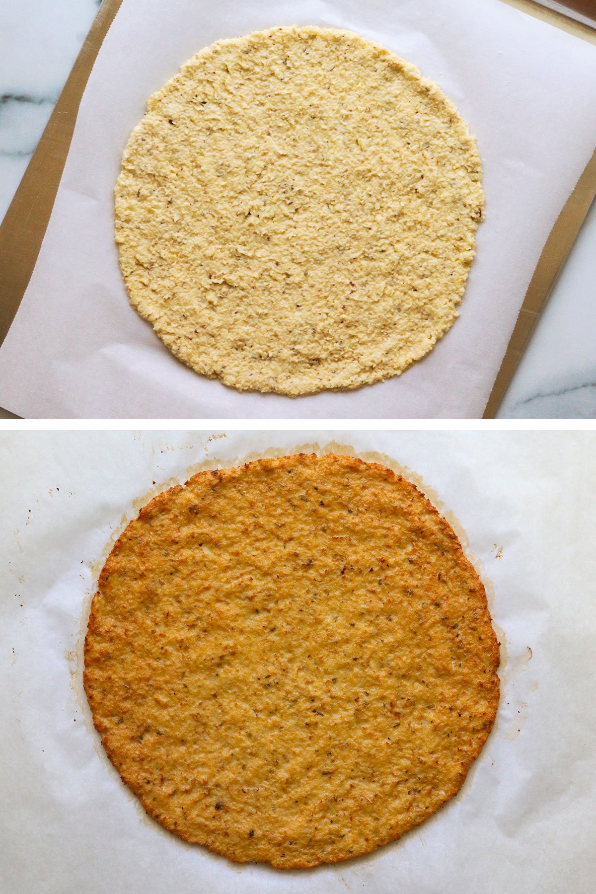 cauliflower pizza crust on a baking sheet before and after baking.