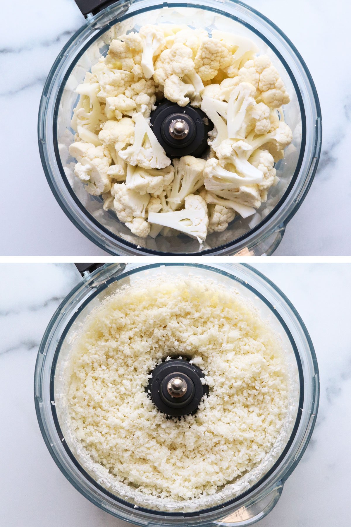 Cauliflower florets pulsed in a food processor to create rice.