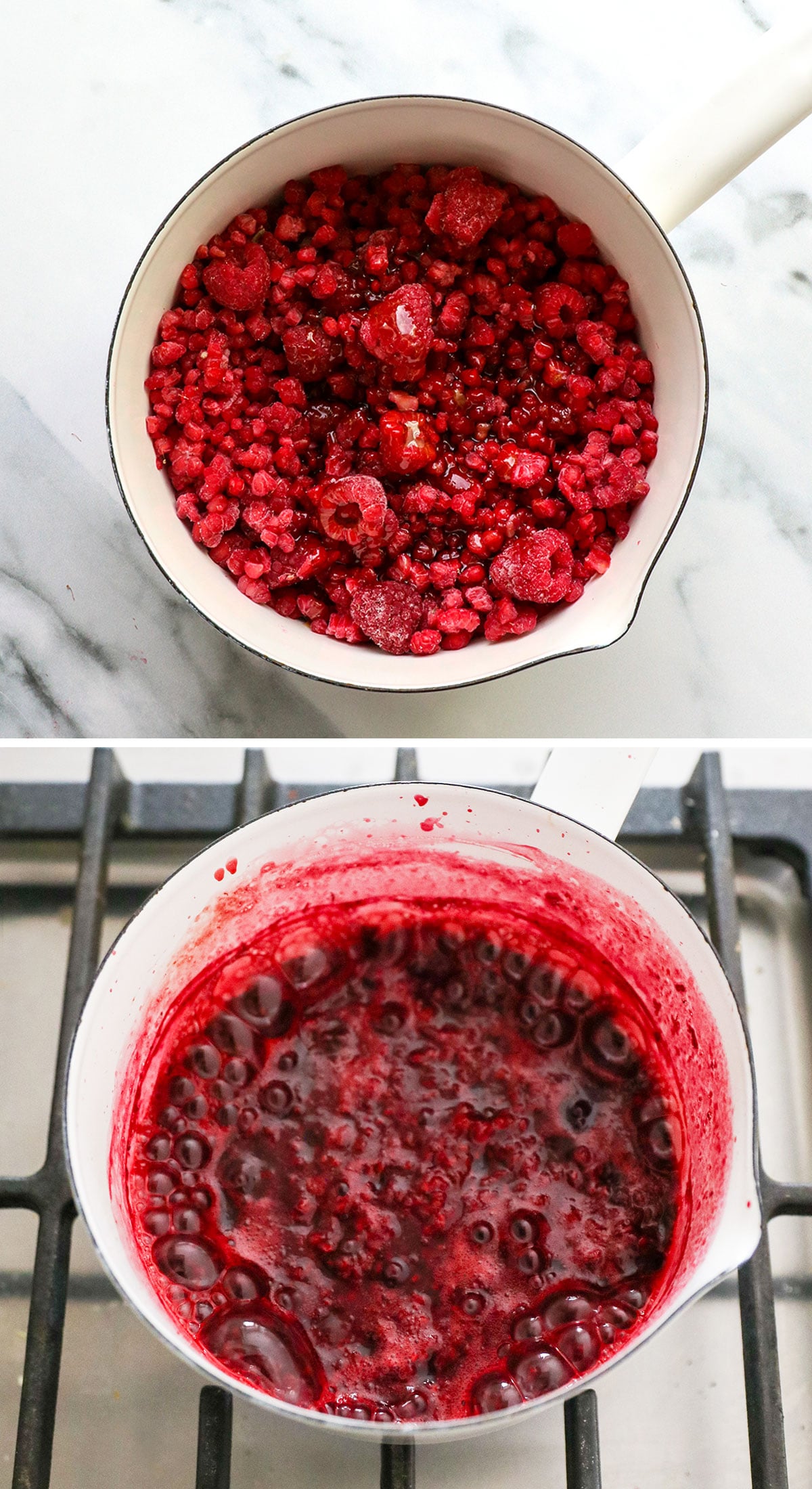 raspberries and maple syrup in a white saucepan boiling.
