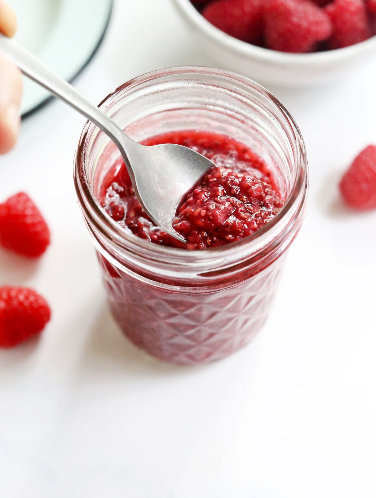 chia jam on a spoon