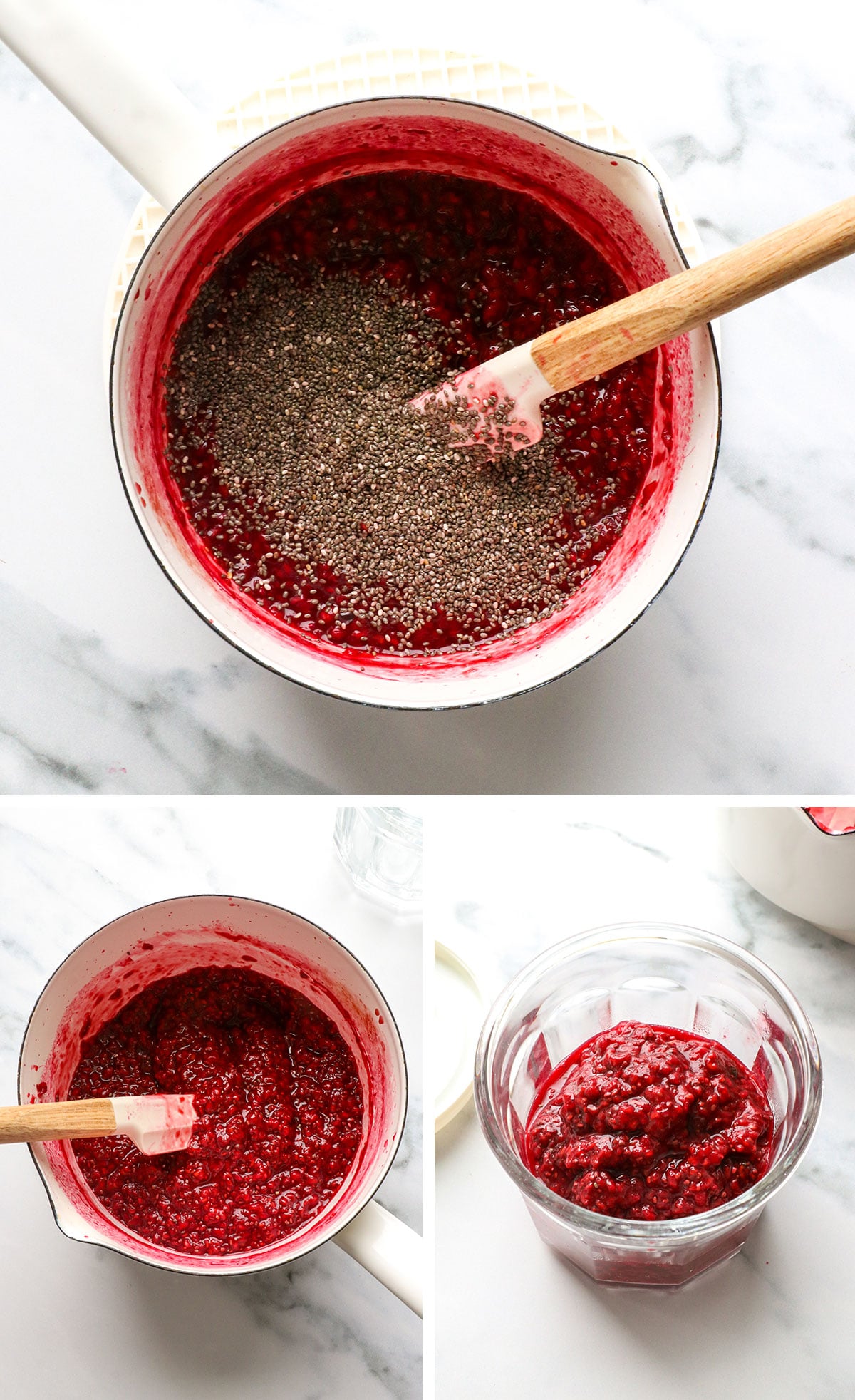 chia seeds added to the jam and transferred to a glass jar.