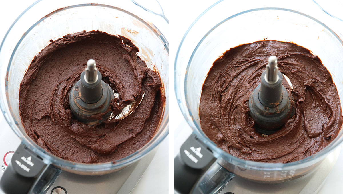 glossy chocolate hummus texture in food processor.