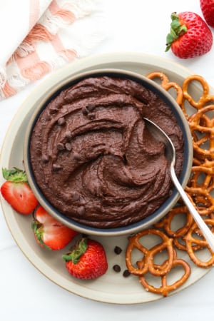 chocolate hummus served with fruit and pretzels.