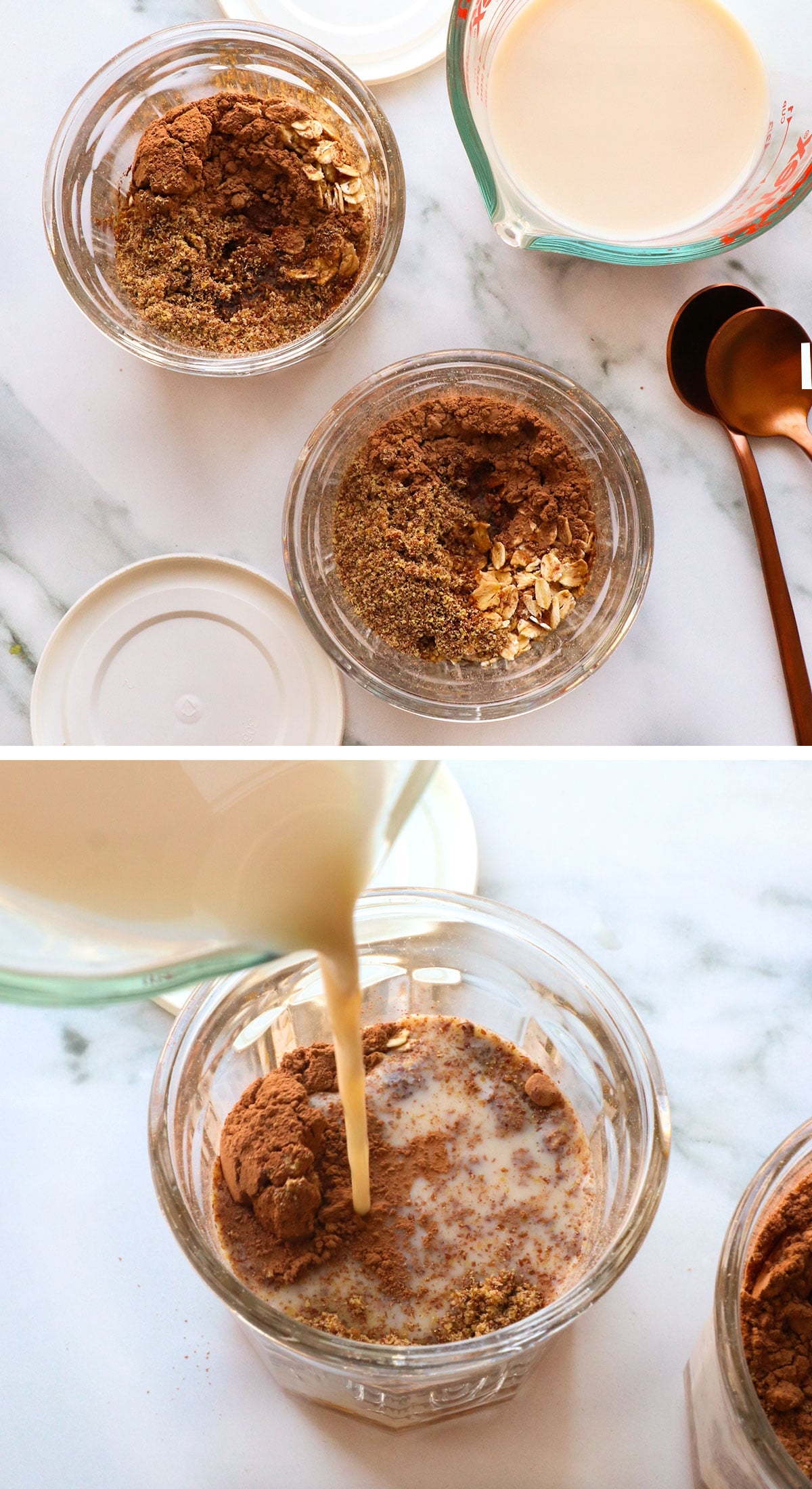 chocolate, oats, ground flax, and milk added to two glass jars with lids.