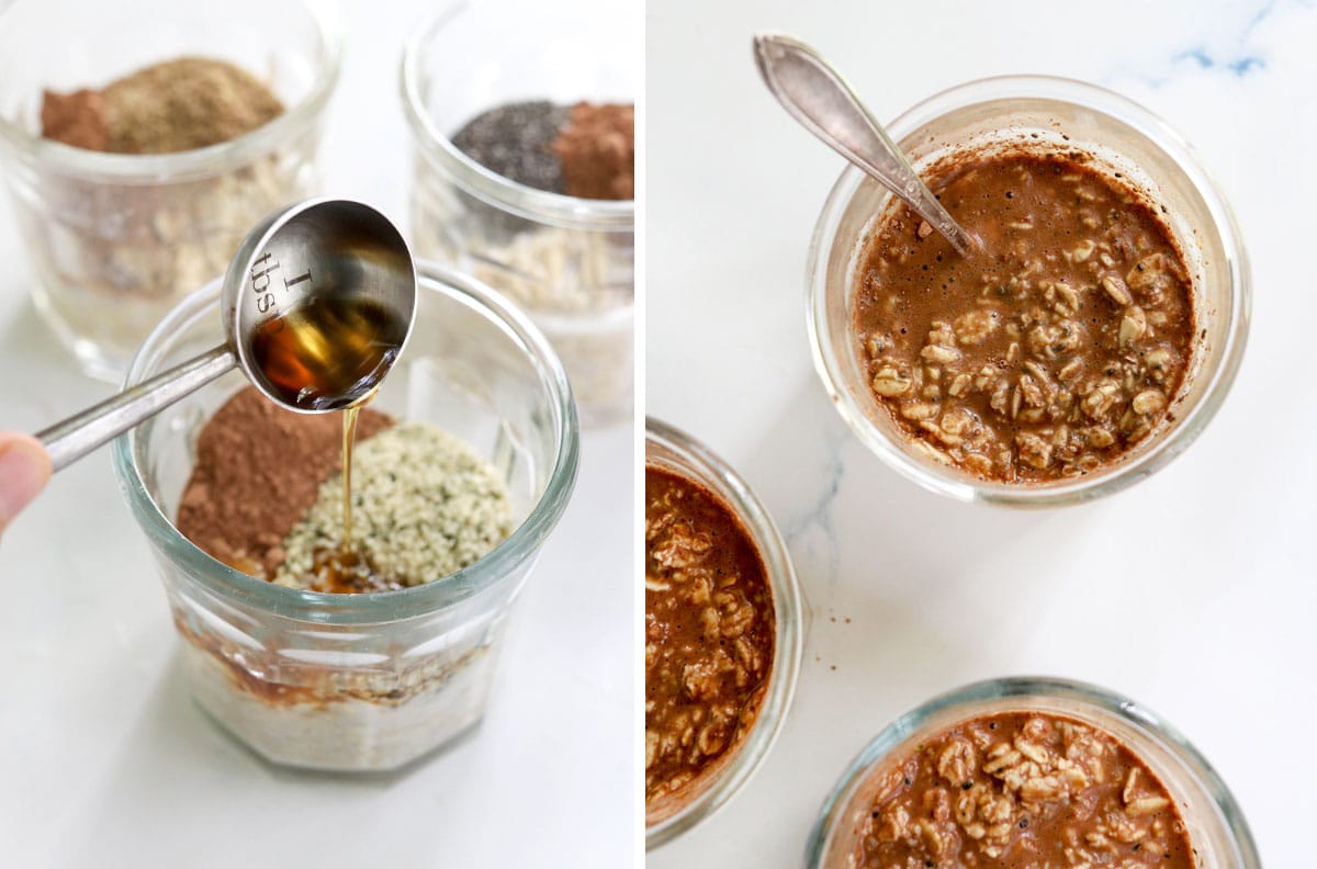 maple syrup added to chocolate overnight oats jar