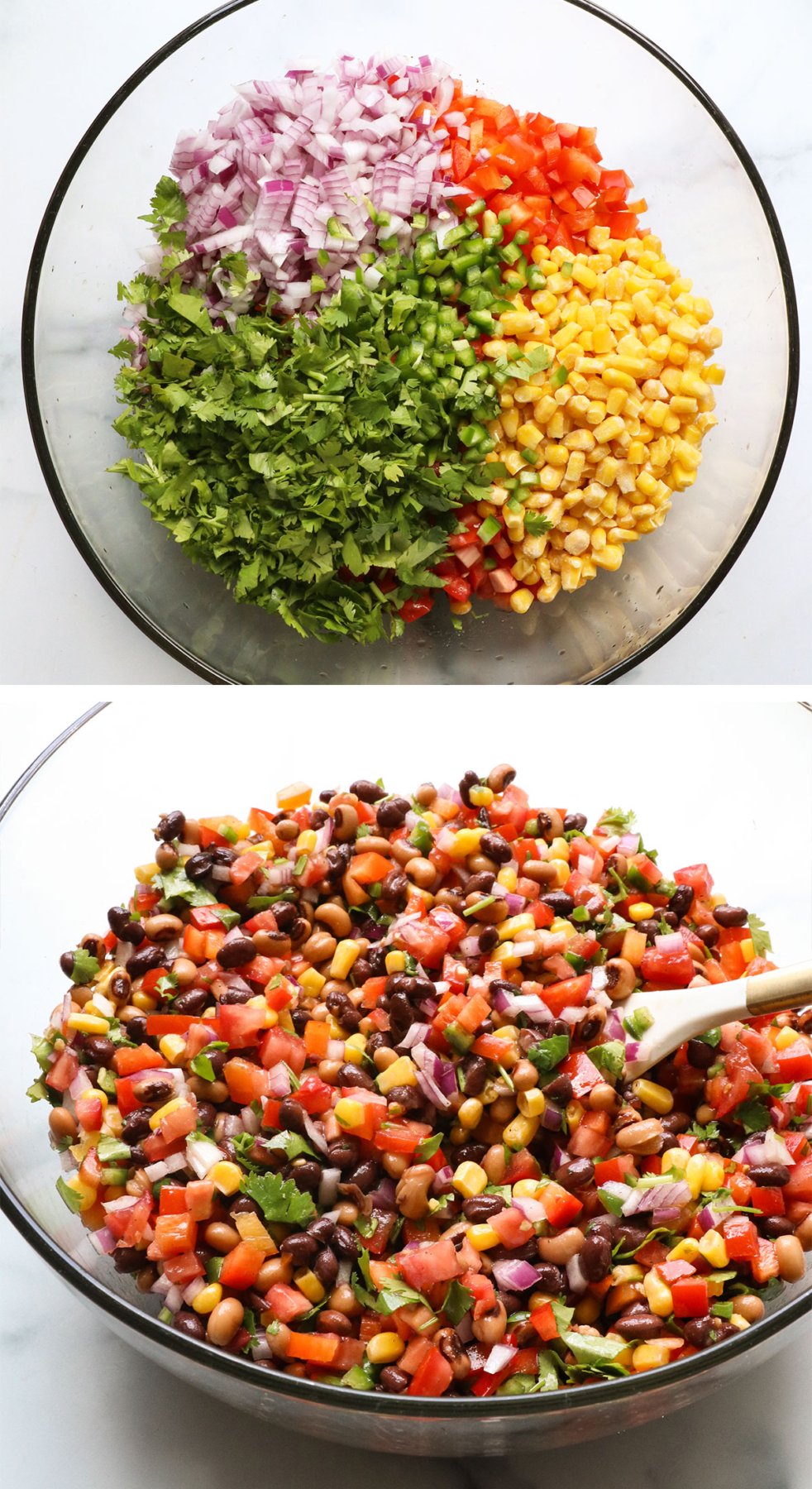 chopped veggies added to cowboy caviar and stirred together in large bowl.