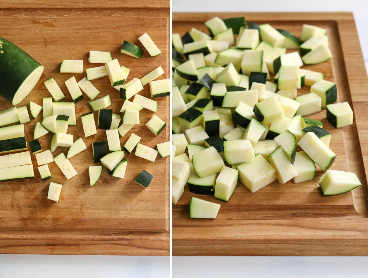 zucchini cut into small pieces on cutting board