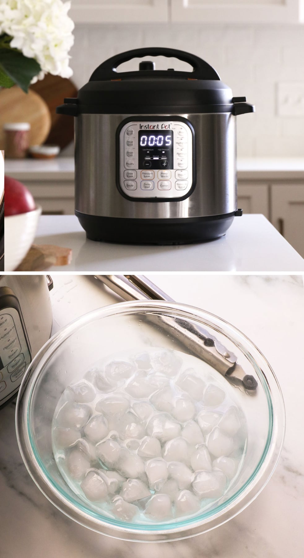 instant pot set to 5 minutes and an ice bath prepared.