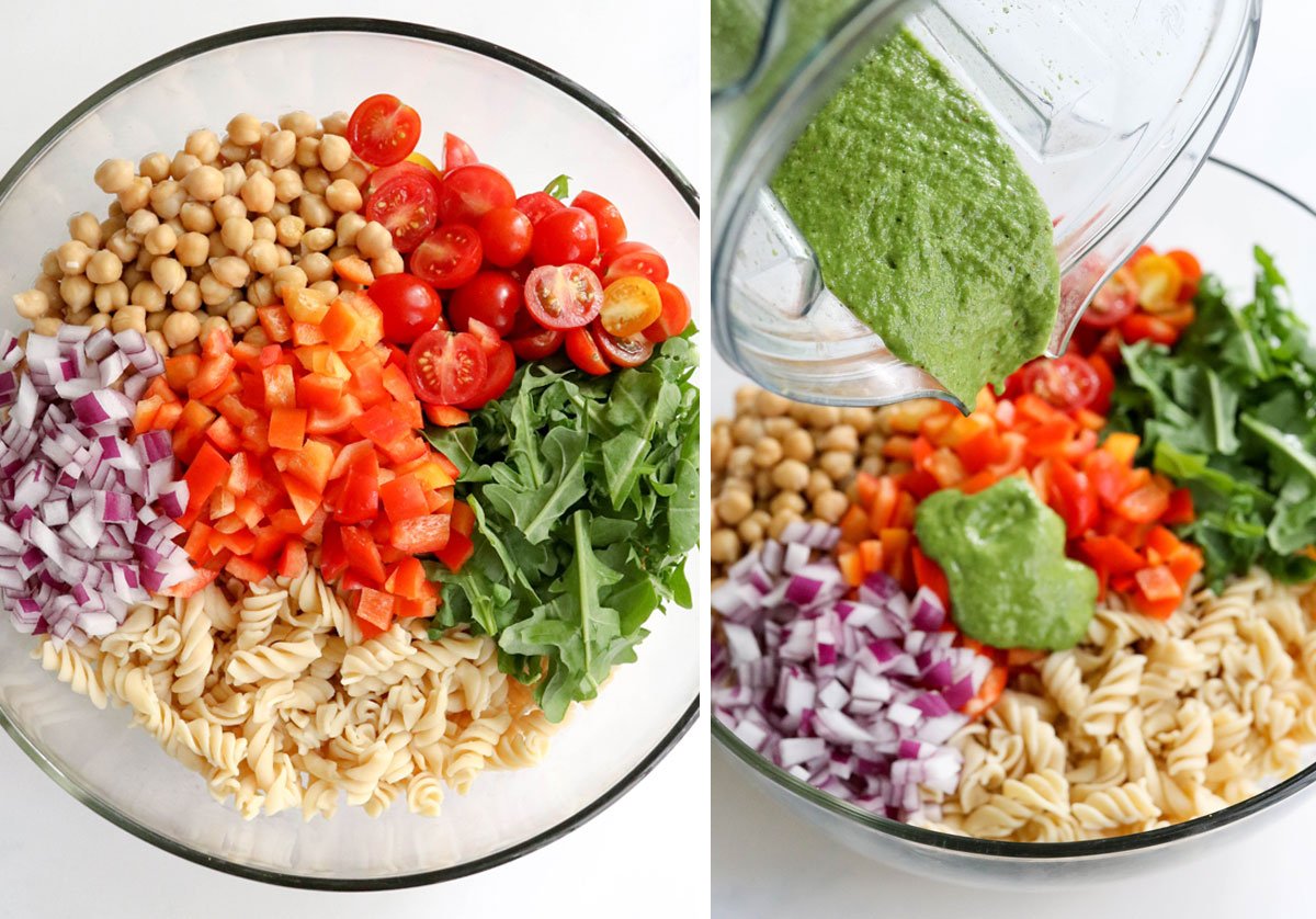 pesto pasta veggies in a large glass bowl