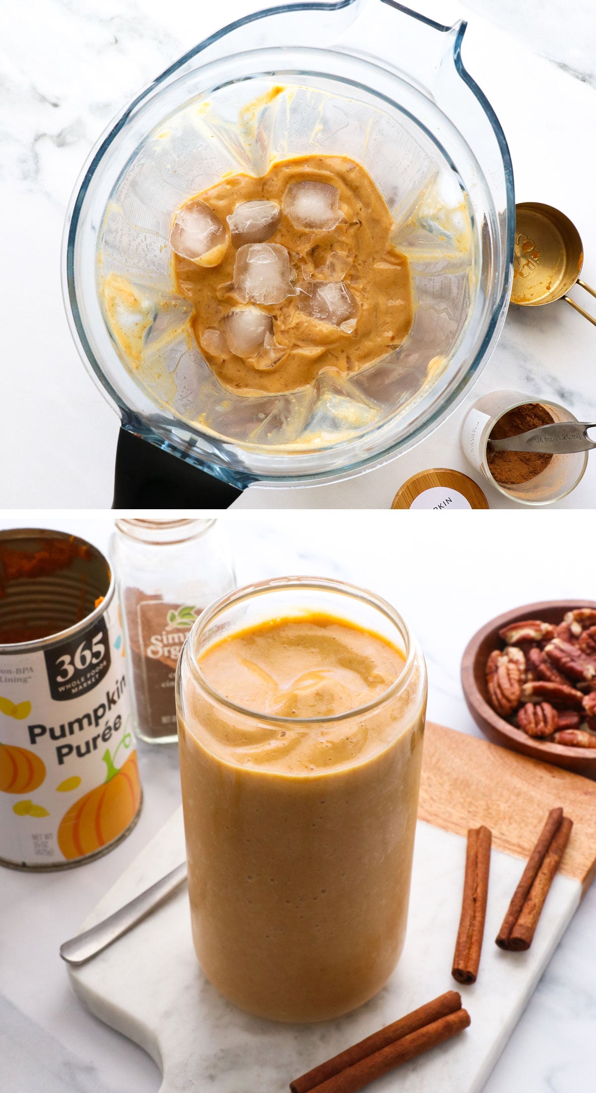 ice added to pumpkin smoothie and served in a glass.