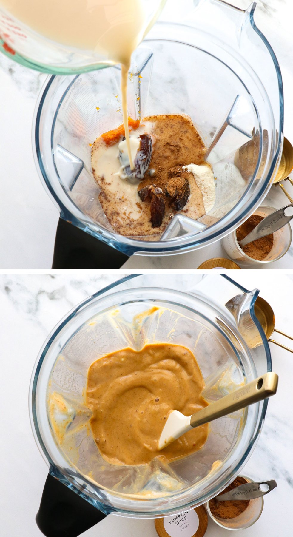 dates and pumpkin puree blended for a smoothie. 