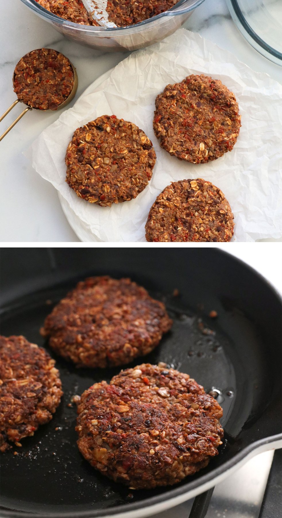 veggie burgers shaped on a plate and cooked in a skillet.