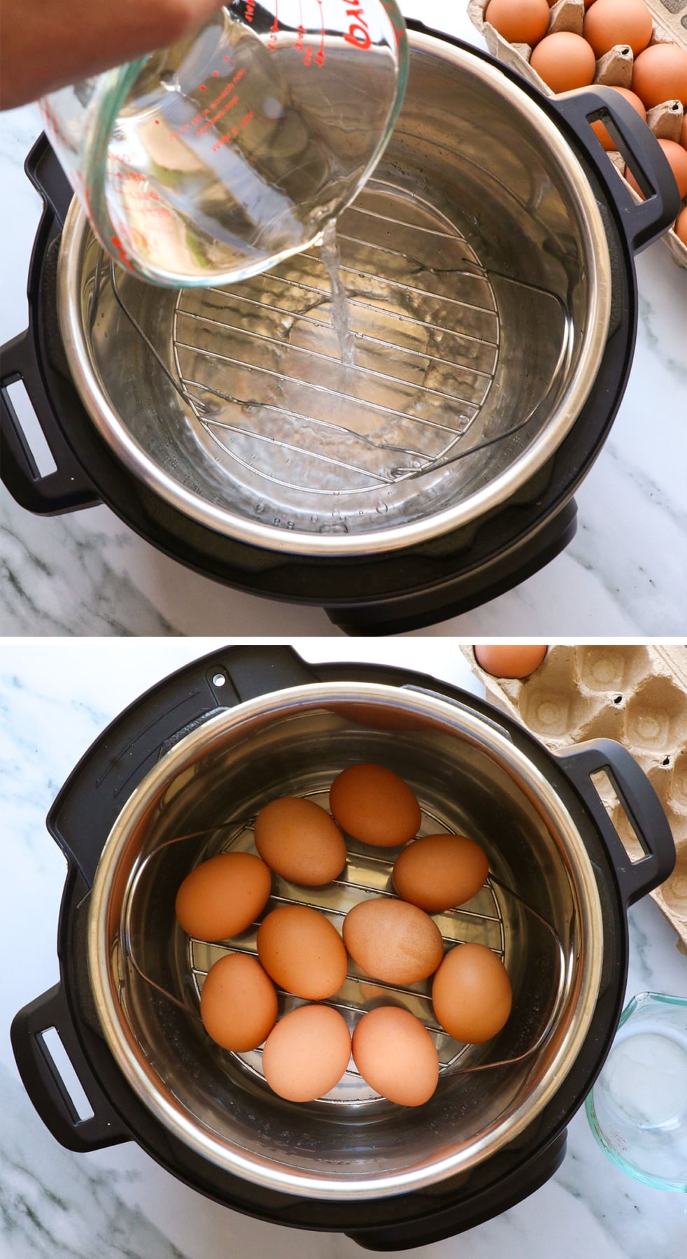 water poured into instant pot with trivet and eggs added.