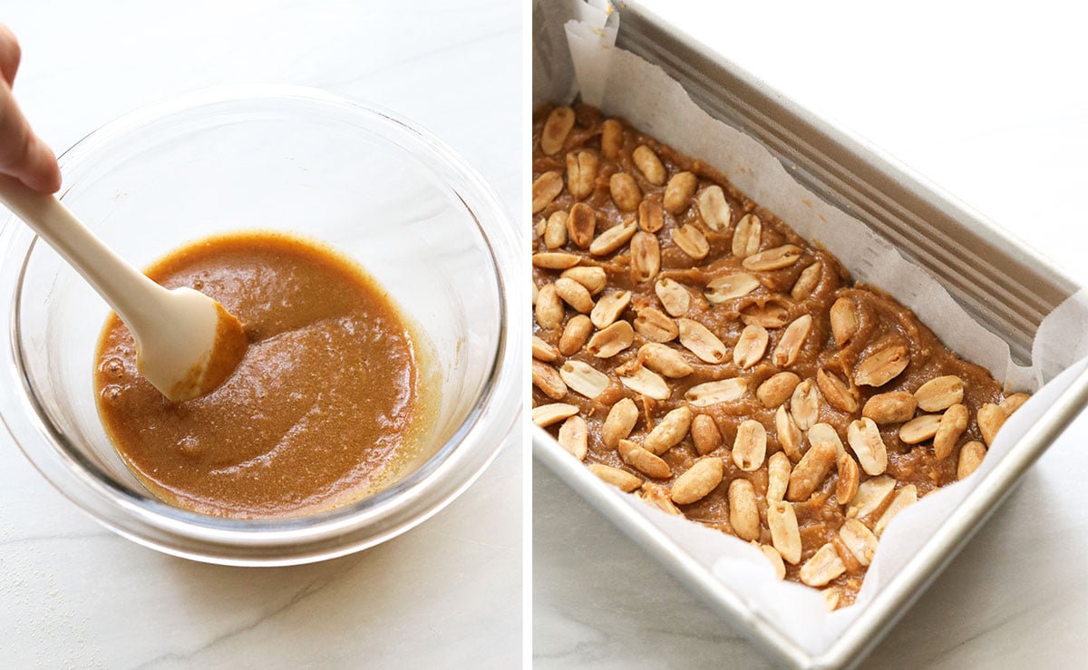 caramel mixed and added to loaf pan with peanuts.