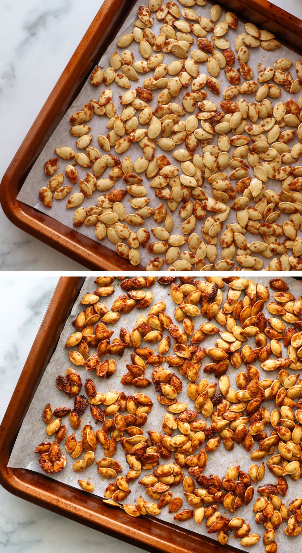 pumpkin seeds on a parchment lined pan before and after baking. 