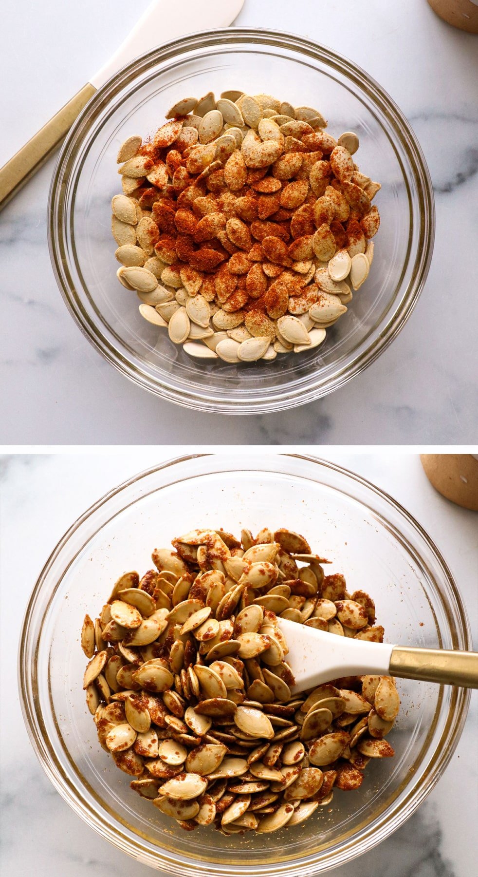 pumpkin seeds in a glass bowl and stirred with spices. 