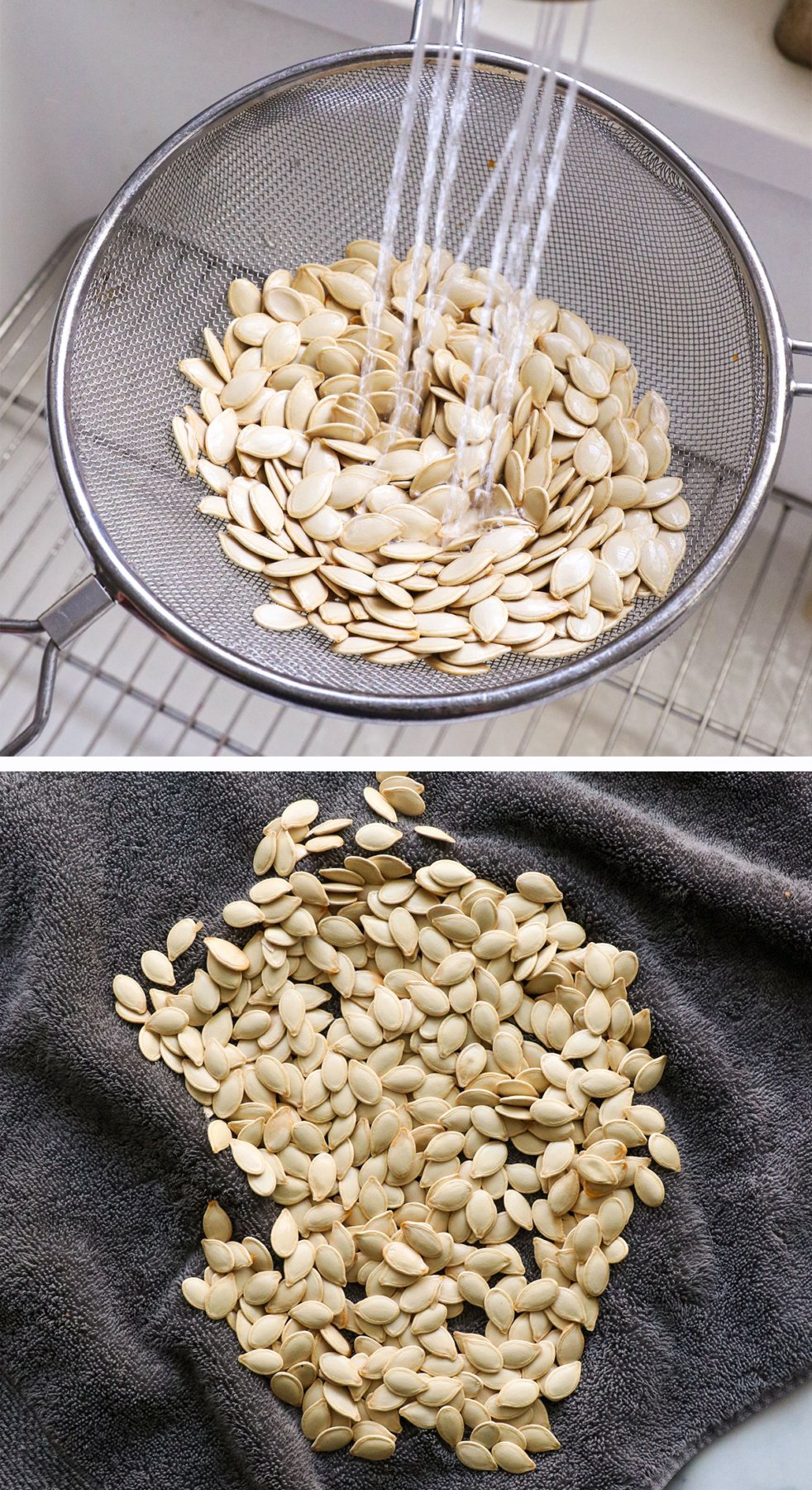 pumpkin seeds rinsed in a strained and dried on a towel.