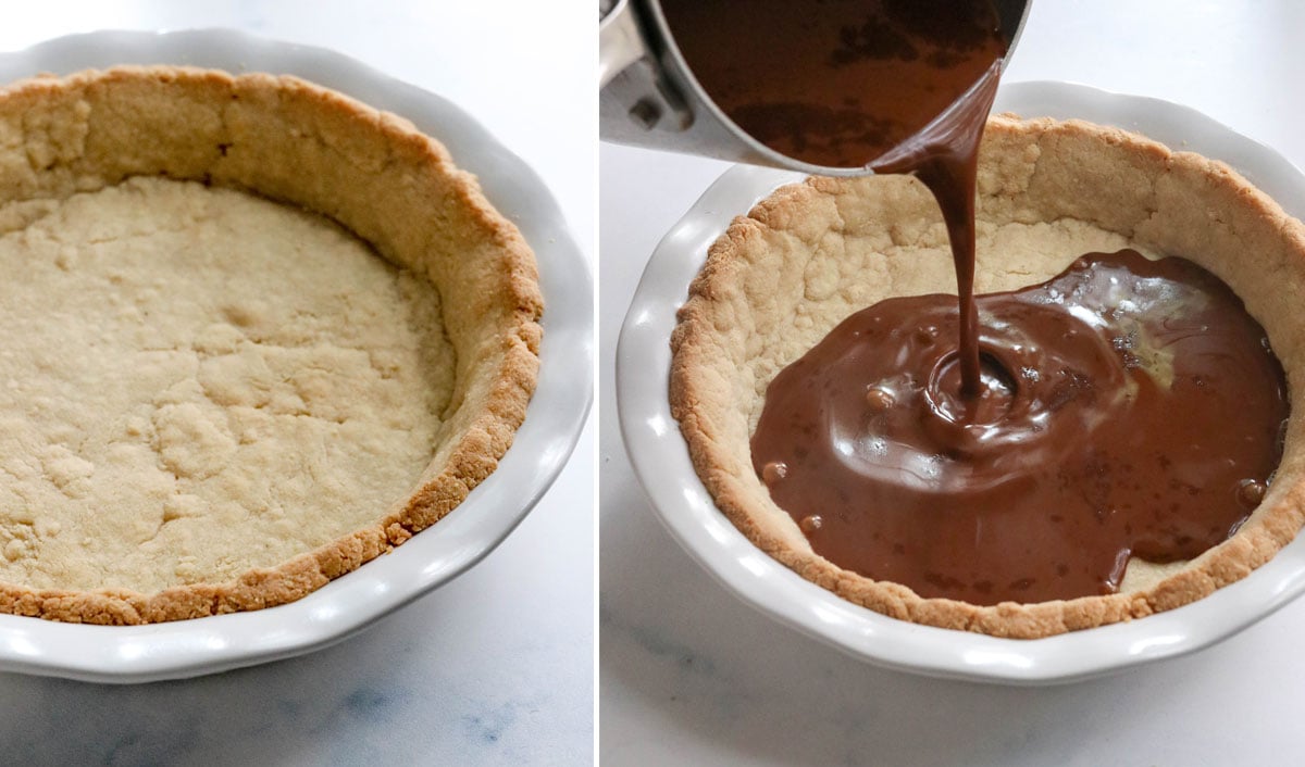 baked pie crust with chocolate filling added in