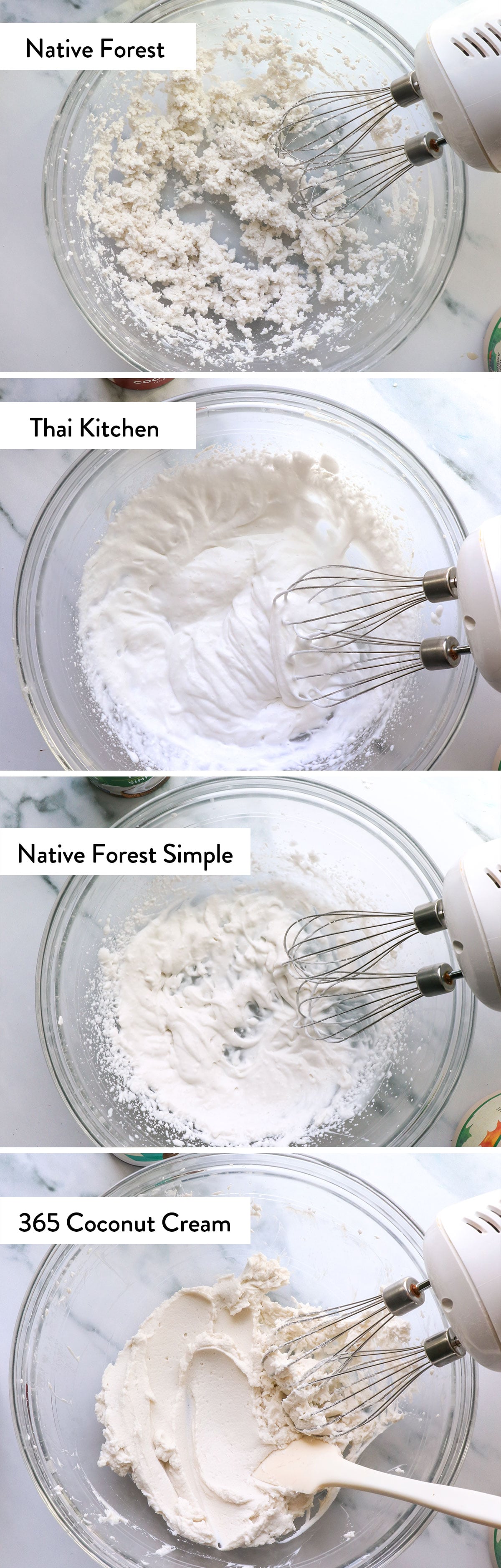 four brands of coconut milk whipped in a bowl to compare textures.