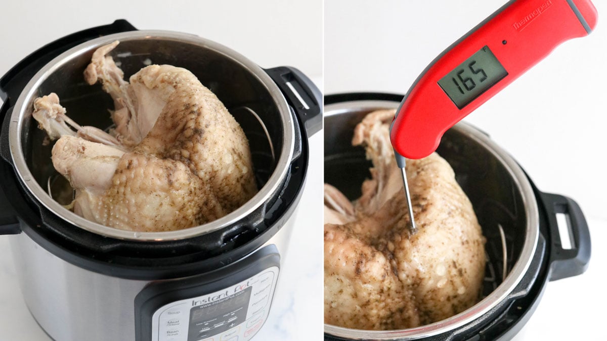 instant read thermometer in cooked turkey breast