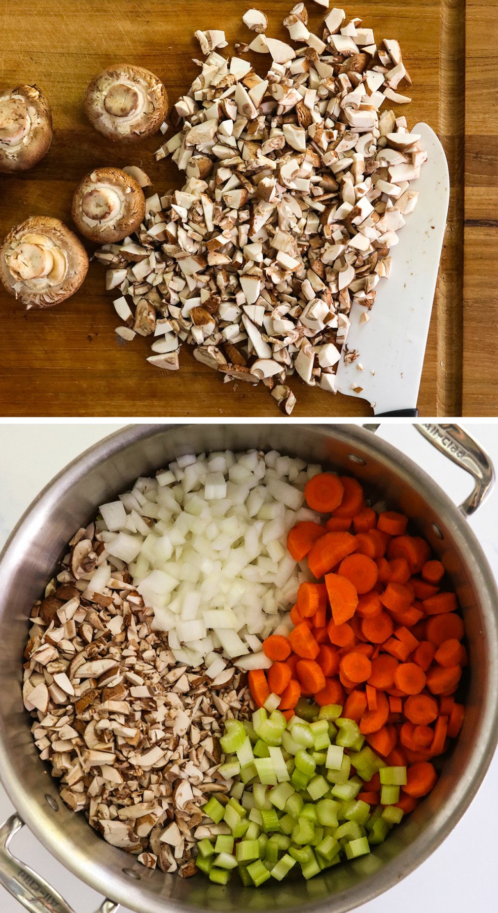 chopped mushrooms added to a pot of veggies for stew.