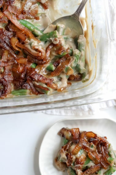 green bean casserole with serving spoon