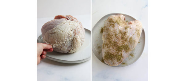 pulling away netting and seasoning turkey breast