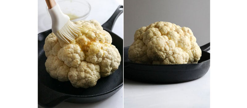 brushing top of cauliflower with oil
