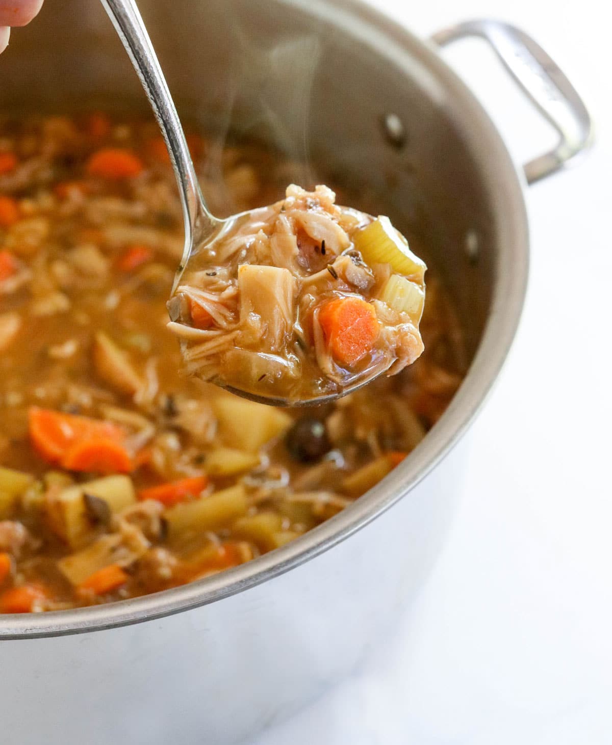 vegetable stew on ladle