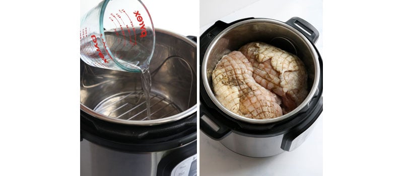 pouring water and turkey in the Instant pot