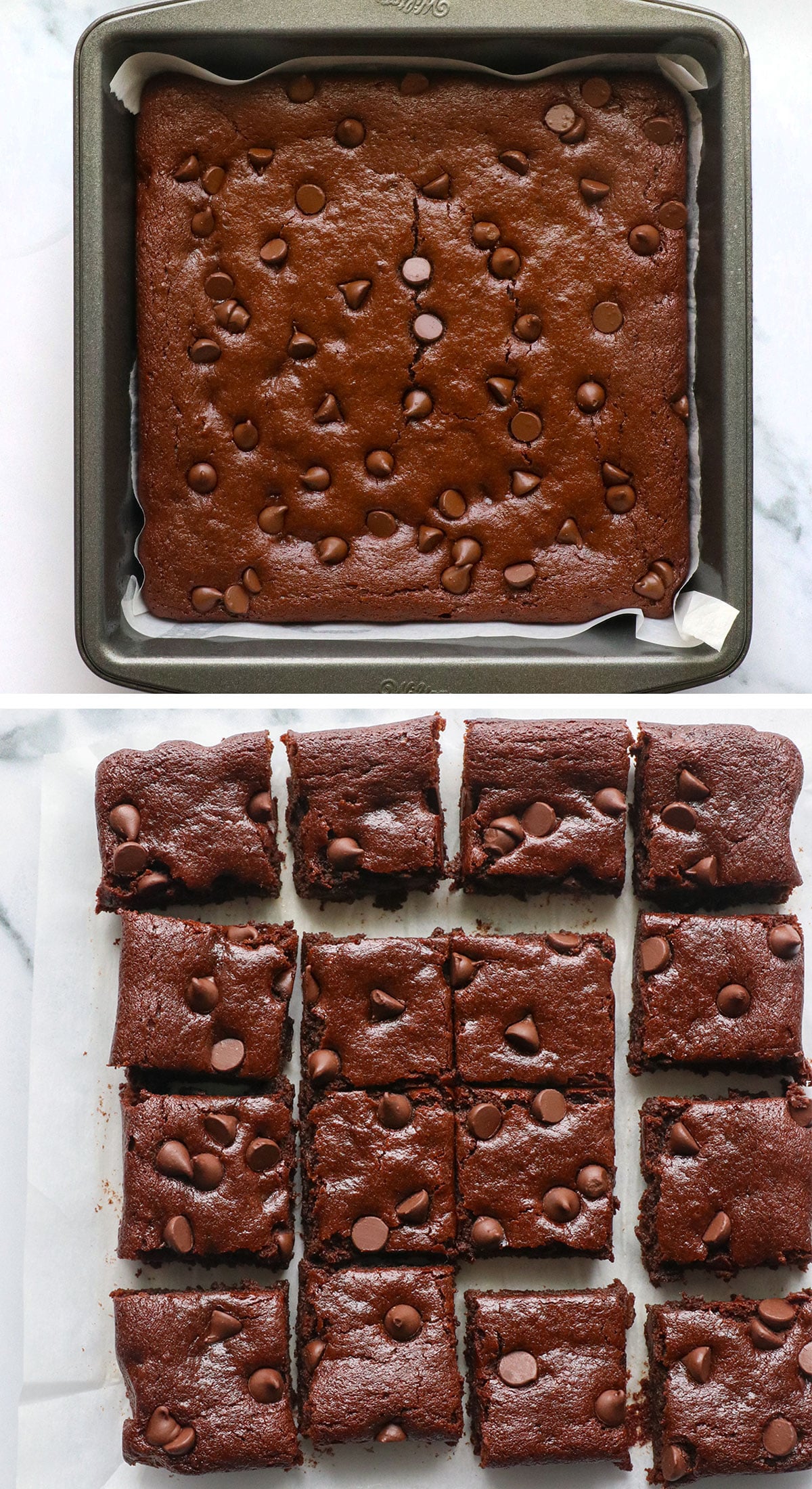 vegan sweet potato brownies in pan and sliced.