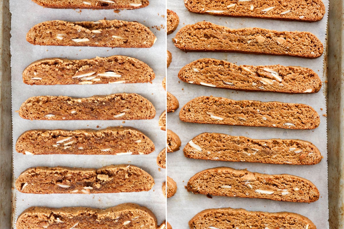 before and after baked biscotti slices on pan