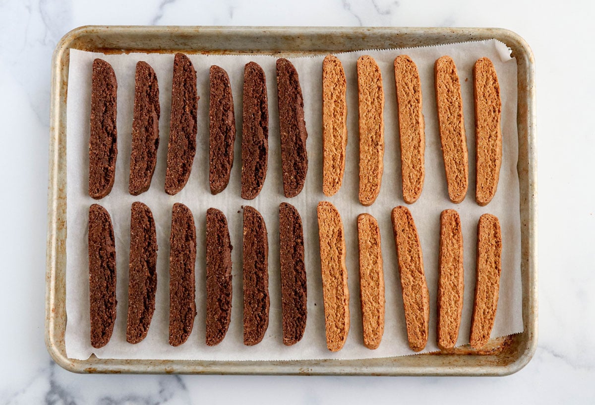 chocolate and almond biscotti slices on pan